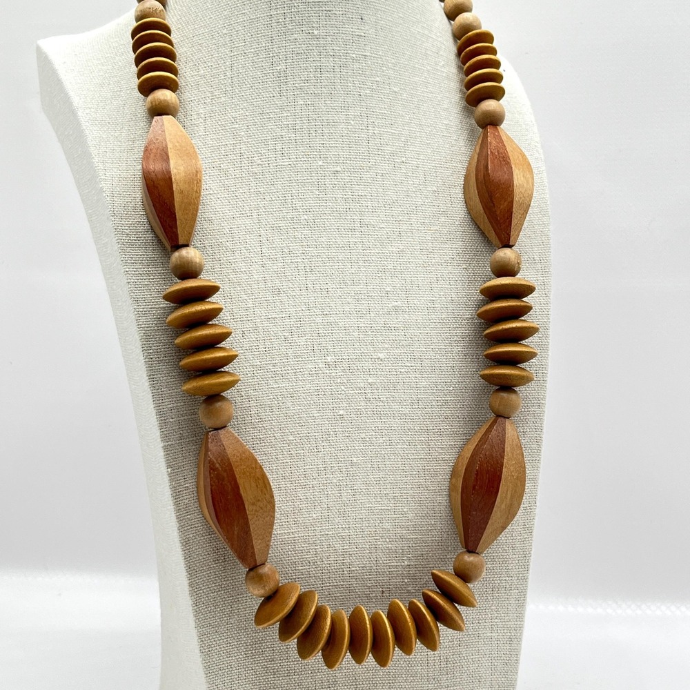 Vintage 20" 80s 90s Chunky Geometric Two-Tone Wood Bead Boho Chic Necklace